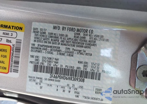 2017 Ford Fusion Se z USA, uszkodzony, nr VIN 3FA6P0HD6HR309308